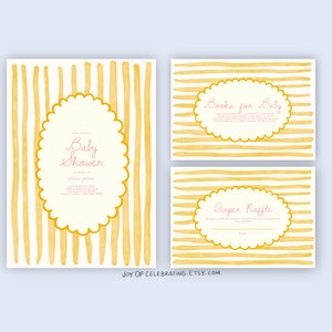 May include: Three printable cards with a yellow and white striped background. The cards have a scalloped circle with text inside. The first card says "Baby Shower", the second card says "Books for Baby", and the third card says "Diaper Raffle".