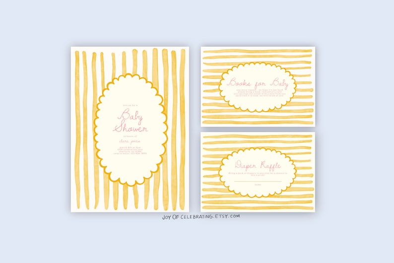 May include: Three printable cards with a yellow and white striped background. The cards have a scalloped circle with text inside. The first card says "Baby Shower", the second card says "Books for Baby", and the third card says "Diaper Raffle".