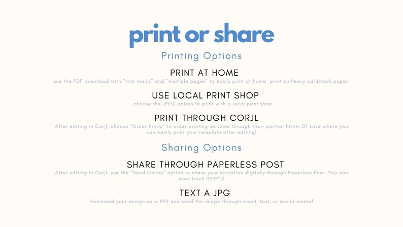 May include: A blue and white graphic with the text "print or share" and instructions for printing and sharing digital invitations. The text includes options for printing at home, using a local print shop, printing through Corjl, sharing through Paperless Post, and texting a JPG.