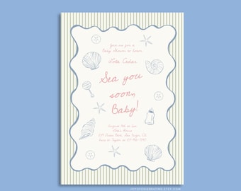 Lola | Sea You Soon Baby! Baby Shower Invitation Template, Pastel Hand Drawn Seashells Coastal Themed Party, Gender Neutral Ocean Invite