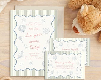 May include: A set of three printable cards for a baby shower. The cards are decorated with a nautical theme and feature illustrations of seashells, starfish, and a baby bottle. The text on the cards reads "Sea you soon Baby!" "Diaper Raffle" and "Books for Baby".