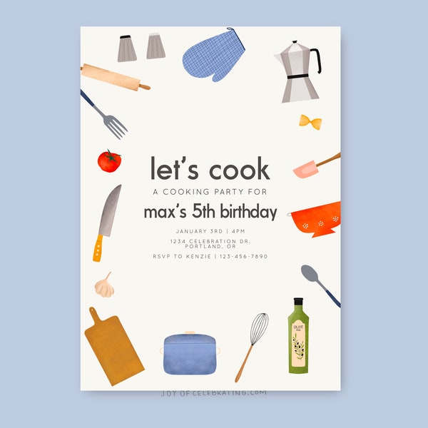 Party Chefs | Modern Let's Cook Cooking Party Invitation, Kids, Any Age, Baking Cooking Challenge Party, Colorful Minimalist Birthday Invite