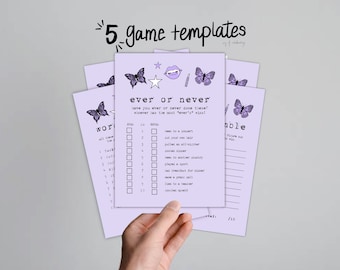 Music Themed Birthday Party Game Pack, Purple Butterfly Sticker Teen Party, Customizable Digital Download Printable Games