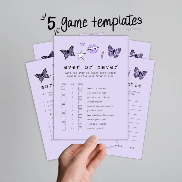 Music Themed Birthday Party Game Pack, Purple Butterfly Sticker Teen Party, Customizable Digital Download Printable Games