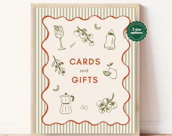 Bella | Baby Shower Cards and Gifts Table Sign Template, Fully Customizable Hand Drawn Italian Themed Party, Ciao Baby, Green and Red