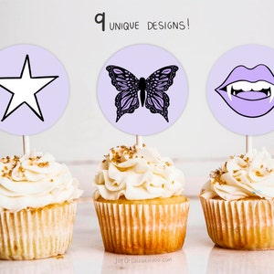 Music Themed Birthday Party Cupcake Toppers Set, Purple Butterfly Sticker Teen Party, Customizable Digital Download