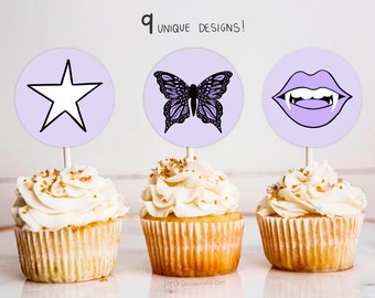 Music Themed Birthday Party Cupcake Toppers Set, Purple Butterfly Sticker Teen Party, Customizable Digital Download