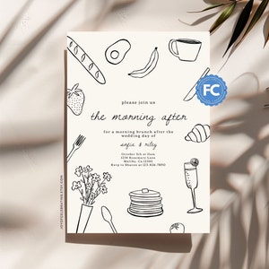 Sofía / Totalmente personalizable la mañana después de la invitación, después del desayuno del brunch de la boda Doodle, dibujado a mano, plantilla de fiesta