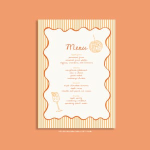 Pia | 5x7 Spritz Themed Menu Template, Hand Drawn Hens, Bridal Shower, Birthday, Orange Spritz Station, Stripes Wavy Border Dinner Party