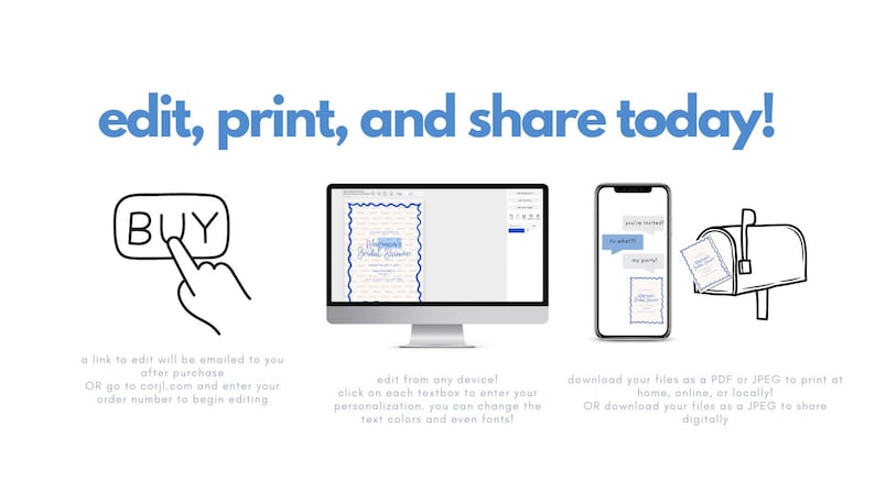 May include: A digital illustration showing a computer screen, a smartphone, and a mailbox. The computer screen shows a customizable invitation template. The smartphone shows a digital invitation. The mailbox shows a printed invitation. The text on the image reads "edit, print, and share today!" and "BUY".
