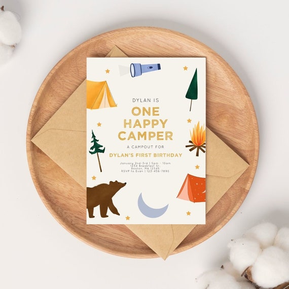 Camp Party | One Happy Camper 1st Birthday Nature Themed Party Invite, Outdoors Picnic Campfire Forest Summer Camp Kids Teen Adult Invite