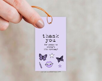 Music Themed Birthday Party Gift Favor Tags, Purple Butterfly Sticker Teen Party, Customizable Digital Download Printable