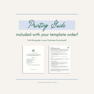 Puede incluir: Una gu&iacute;a imprimible con el texto "Printing Guide" en letra cursiva verde. La gu&iacute;a se incluye con un pedido de plantilla y se puede encontrar en las descargas de compra. El texto "JOYOFCELEBRATING ETSY.COM" est&aacute; en la parte inferior de la imagen.
