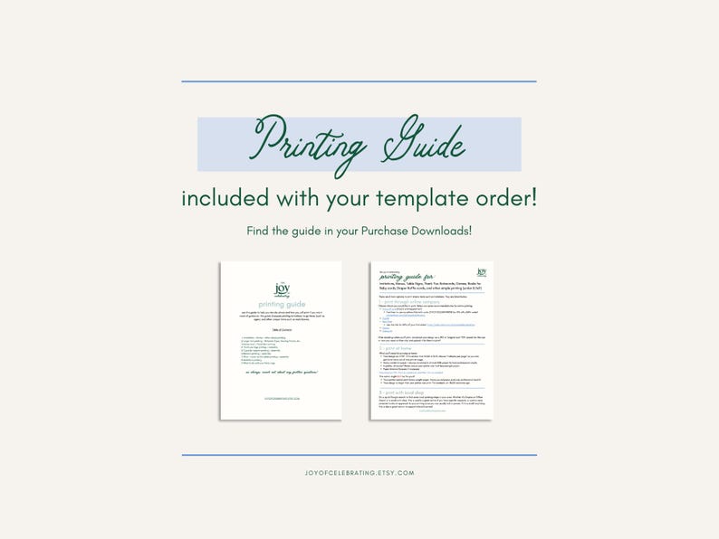 Puede incluir: Una gu&iacute;a imprimible con el texto "Printing Guide" en letra cursiva verde. La gu&iacute;a se incluye con un pedido de plantilla y se puede encontrar en las descargas de compra. El texto "JOYOFCELEBRATING ETSY.COM" est&aacute; en la parte inferior de la imagen.