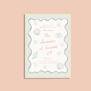 May include: A birthday invitation with a summer theme, featuring a light blue scalloped border and seashell illustrations. The text reads "The Summer I Turned 20!" in pink script, with a striped background.