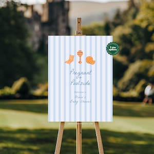 Plantilla de cartel de bienvenida para baby shower de Olivia, con rayas azules y diseño veraniego, divertida y colorida temática de piscina y cítricos.