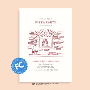 Garabatos alegres / Invitación a fiesta en horno de pizza a leña dibujada a mano, cocina de pizza casera de cualquier edad, plantilla de invitación imprimible digital