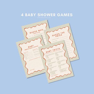 May include: Four baby shower game cards on a light blue background. Each card features a cream interior with red trim and green striped borders. The cards are labelled "Guess Who", "Guess the Price", "Baby Predictions & Advice", and "Baby Trivia".
