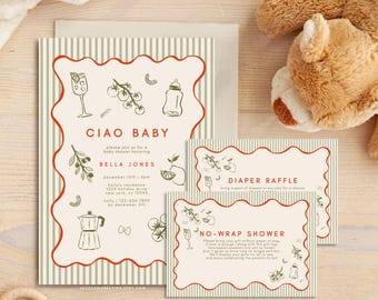 Plantilla de invitación para baby shower "Ciao Bambino" en tonos verde y rojo, totalmente personalizable, dibujada a mano, para fiesta con temática italiana, "Ciao Baby"