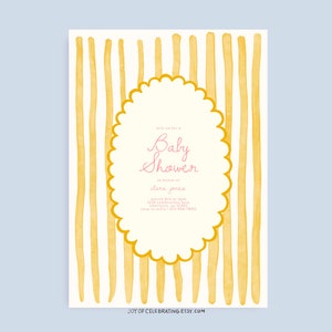 Claire | Modèle d'invitation de baby shower, neutre entre les sexes, vintage encadré à rayures, jaune rose, invitation unique, amusant et minimaliste