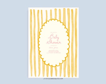 Plantilla de invitación de baby shower de Clara / Sweet Gender Neutral, Vintage enmarcada a rayas, invitación única rosa amarilla, divertida y minimalista