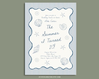 Lola | The Summer I Turned Twenty Birthday Invitation Template, Hand Drawn Seashells Coastal Themed Party, Soft Blue Navy Ocean Invite