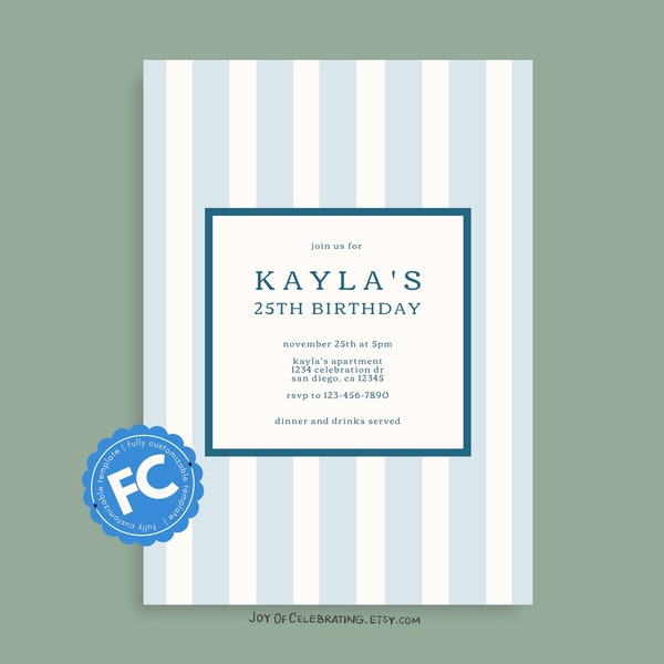 Cloud Stripe | Fully Customizable Blue and White Party Invitation, Summer Soft Coastal Striped Invite Template, Editable Adult Invitation