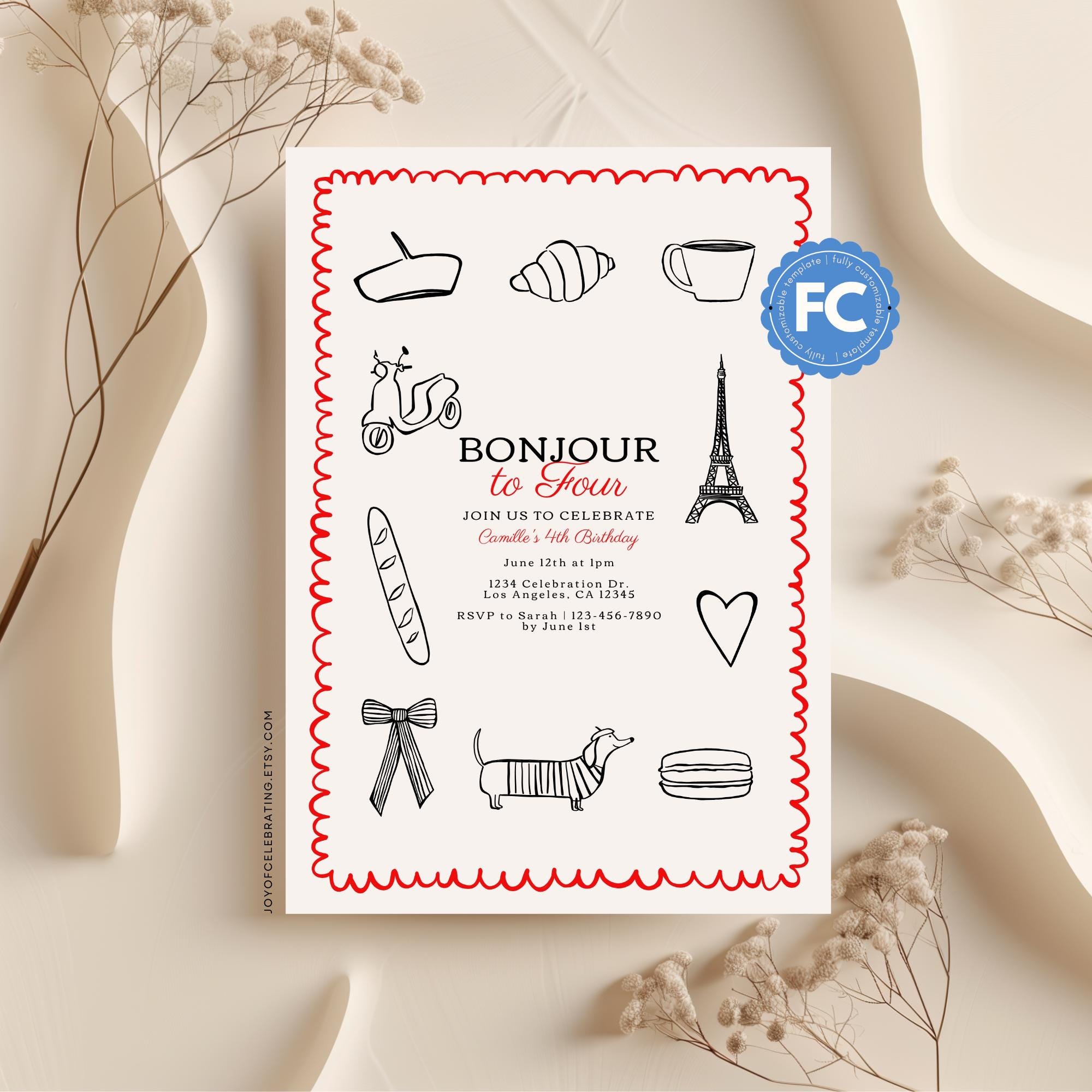 CAMILLE | 4th Birthday Hand Drawn Scallop Paris Themed Birthday Invitation, Parisian City French Party Theme, Young Girl Invite Template