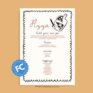 May include: A printable pizza menu with a black and white illustration of a pizza on a cutting board. The menu lists different pizza bases, sauces, and toppings. The text reads "Pizza, build your own pie, select each choice(a) from the following to build your own pizza pie! Give to chef to then oven fire to perfection!"