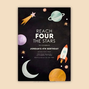 Blast Off | Reach Four The Stars 4th Birthday SpaceTheme Invitation Template for 4 Year Old, Star Astronaut Science Space Celebration