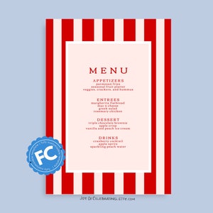 Könnte beinhalten: Eine rot-weiß gestreifte Speisekarte mit dem Wort "MENU" in fetten, schwarzen Buchstaben. Die Speisekarte listet Vorspeisen, Hauptgerichte, Nachtisch und Getränke auf. Der Text "JOT OF CELEBRATING.ETSY.COM" befindet sich am unteren Rand der Karte.