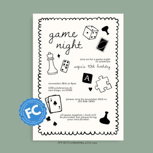Soirée jeux | Faire-part de nuit de plateau de jeu minimaliste entièrement personnalisable, nuit de filles nuit d'adultes, modèle d'invitation imprimable numérique