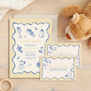 Bella | Ensemble de modèles d'Invitation pour baby shower Ciao Bambino, fête à thème italien dessinée à la main, carte de bébé Ciao en jaune et bleu, livres pour bébé