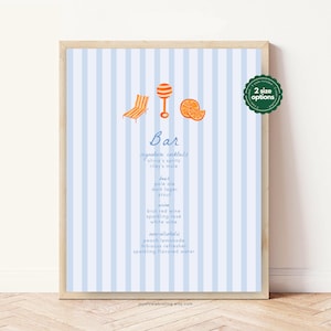 Plantilla de menú de bar para baby shower, rayas azules, diseño veraniego, colorido y divertido cartel de mesa con temática cítrica junto a la piscina.