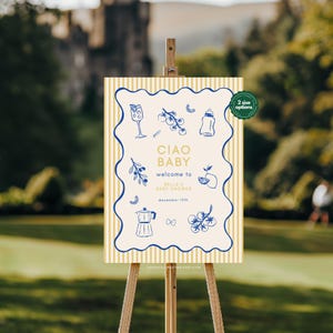 Bella | Babyparty Willkommensschild Vorlage, vollständig anpassbare Hand gezeichnete italienische Themenparty, Ciao Baby