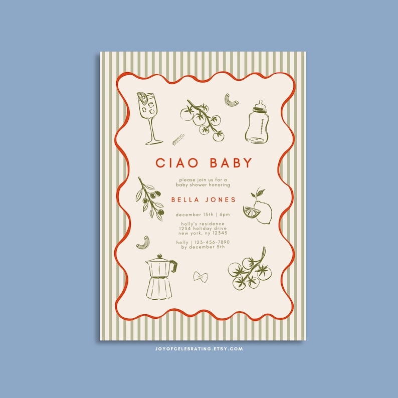 Puede incluir: Una invitaci&oacute;n de baby shower de color crema con ilustraciones rojas y verdes de comida y bebidas italianas. El texto dice "Ciao Baby" y "Por favor, &uacute;nase a nosotros para una baby shower en honor a Bella Jones".
