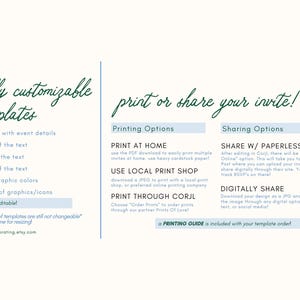 Puede incluir: Un gr&aacute;fico azul y blanco con el texto "plantillas totalmente personalizables" y "&iexcl;imprime o comparte tu invitaci&oacute;n!" El gr&aacute;fico enumera las opciones de impresi&oacute;n y uso compartido para invitaciones personalizables. El texto "&iexcl;una GU&Iacute;A DE IMPRESI&Oacute;N se incluye con tu pedido de plantilla!" est&aacute; en la parte inferior del gr&aacute;fico.