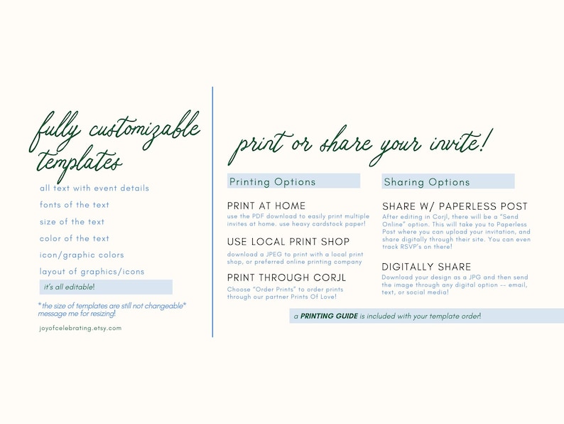 Puede incluir: Un gr&aacute;fico azul y blanco con el texto "plantillas totalmente personalizables" y "&iexcl;imprime o comparte tu invitaci&oacute;n!" El gr&aacute;fico enumera las opciones de impresi&oacute;n y uso compartido para invitaciones personalizables. El texto "&iexcl;una GU&Iacute;A DE IMPRESI&Oacute;N se incluye con tu pedido de plantilla!" est&aacute; en la parte inferior del gr&aacute;fico.