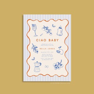 Bella | Ciao Bambino Babypartyeinladungsvorlage, vollständig anpassbare handgezeichnete italienische Themenparty, Ciao Baby