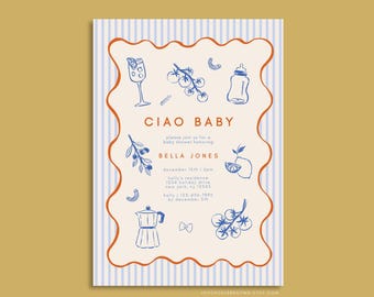 Plantilla de invitación para baby shower de Bella/Ciao Bambino, fiesta temática italiana totalmente personalizable dibujada a mano, Ciao Baby