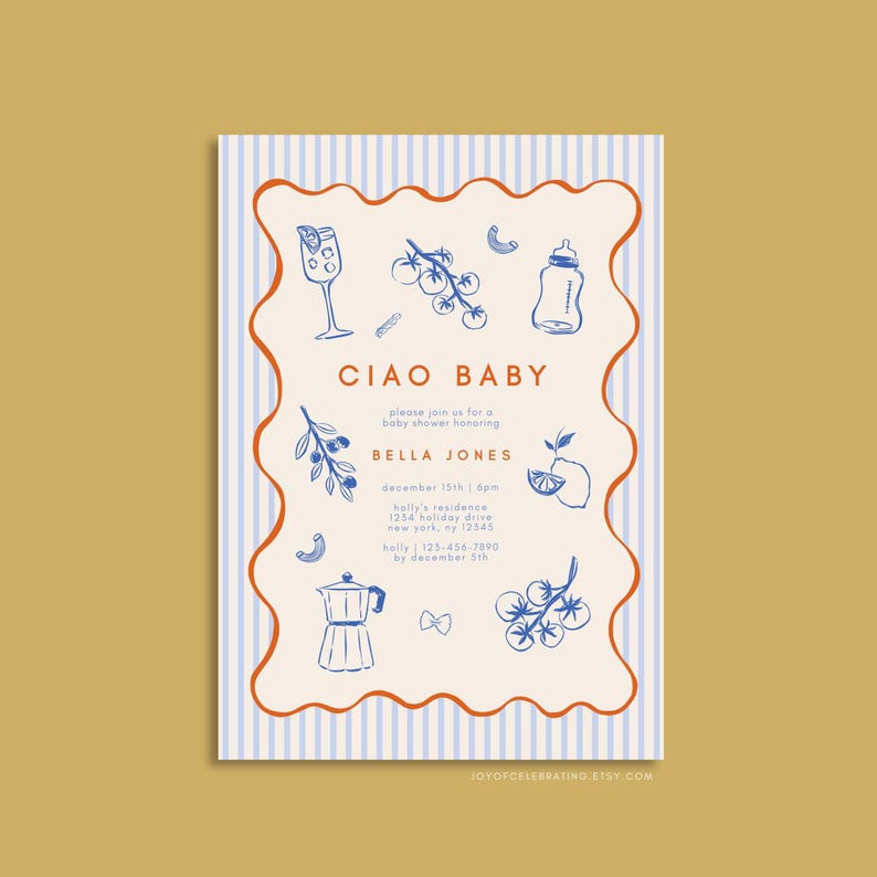 Peut inclure: Une invitation de f&ecirc;te pr&eacute;natale &agrave; rayures bleues et blanches avec le texte "Ciao Baby" et une liste de d&eacute;tails pour l'&eacute;v&eacute;nement. L'invitation pr&eacute;sente des illustrations d'un biberon, d'un verre de vin mousseux, d'une cafeti&egrave;re, de p&acirc;tes, de tomates et de citrons.