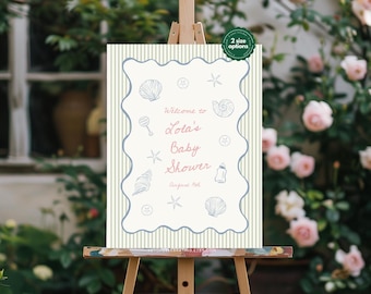Lola | Seashells Welcome Sign for Baby Shower Template, Pastel Hand Drawn Seashells Coastal Themed Party, Gender Neutral Ocean
