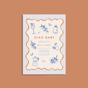 Peut inclure: Une invitation de f&ecirc;te pr&eacute;natale &agrave; rayures bleues et blanches avec le texte "Ciao Baby" et une liste de d&eacute;tails pour l'&eacute;v&eacute;nement. L'invitation pr&eacute;sente des illustrations d'un biberon, d'un verre de mimosa, d'une cafeti&egrave;re, de tomates et de citrons.