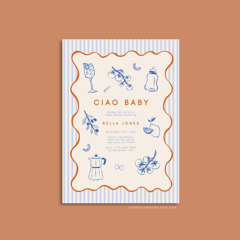Peut inclure: Une invitation de f&ecirc;te pr&eacute;natale &agrave; rayures bleues et blanches avec le texte "Ciao Baby" et une liste de d&eacute;tails pour l'&eacute;v&eacute;nement. L'invitation pr&eacute;sente des illustrations d'un biberon, d'un verre de mimosa, d'une cafeti&egrave;re, de tomates et de citrons.