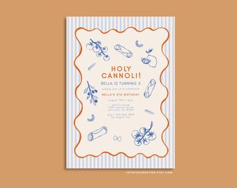 Bella | Holy Cannoli Birthday Invitation Template, Fully Customizable Hand Drawn Italian Themed Party, Italian Dinner, Cannoli Dessert