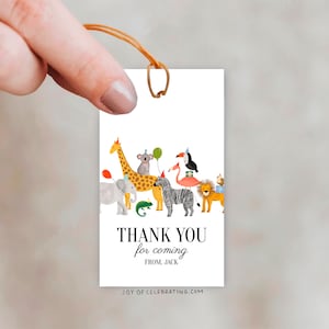 Party im Zoo | Set von 4 Zoo-Safari-Tierthemen-Geschenkanhänger zum Geburtstag, niedliche Spaß illustrierte Geschenkanhänger für Danke-Taschen