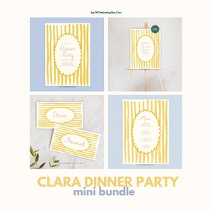 Klara | Gelb gestreiftes Dinner-Party-Mini-Bundle, Vintage-Bauchmuschel-Rahmen, gelb-rosa Einladung, Menüdesign, Willkommensschild, Namenskarten