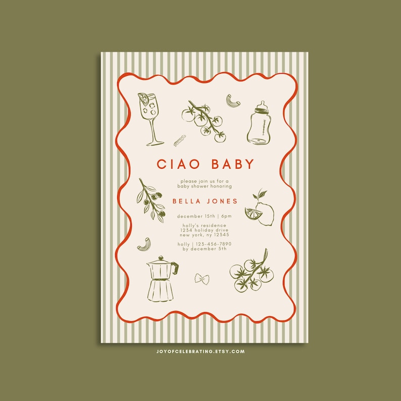 Puede incluir: Una invitaci&oacute;n de baby shower a rayas blancas y rojas con el texto "Ciao Baby" y "Bella Jones". La invitaci&oacute;n incluye ilustraciones de una botella, una copa de vino, tomates, limones, pasta y una cafetera.