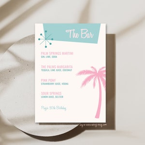Mid Century Retro | Palm Springs Ziel Geburtstagsparty Wochenend Bar Getränke Menü Vorlage, Spaß Lebendige Blau Rosa Vintage Kalifornien