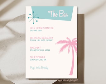 Mid Century Retro | Palm Springs Destination Birthday Party Weekend Bar Drinks Menu Template, Fun Vibrant Blue Pink Vintage California